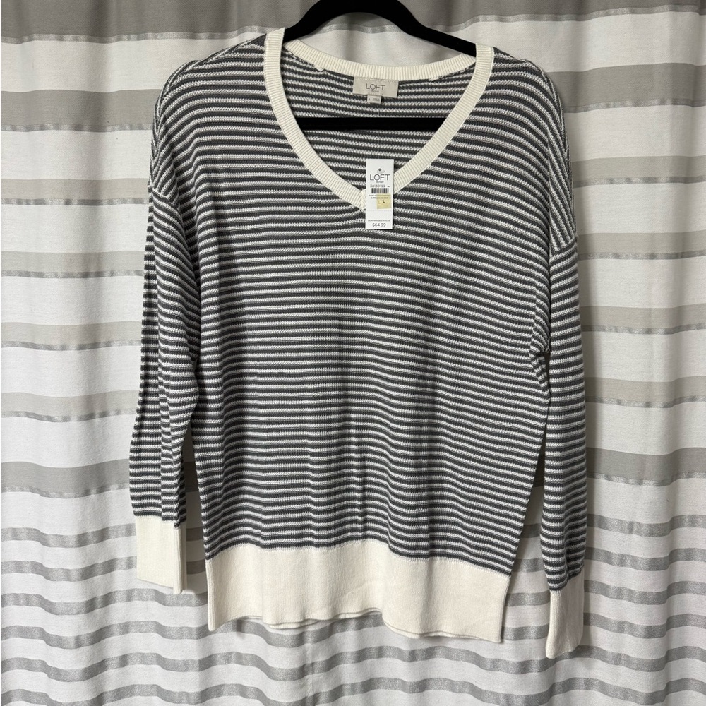 LOFT Black and White Striped V-Neck Sweater- Large